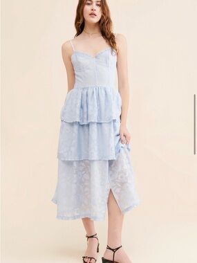 4SI3NNA Pale Blue Tiered Lace Midi Dress - Size Small